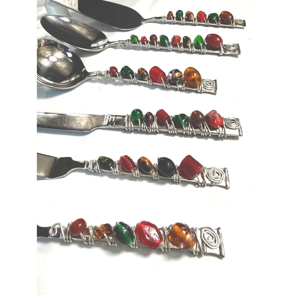 Heritage Mint 6 Pc Beaded Serving Set Jewel Tone Red Green Amber Wire Wrapped